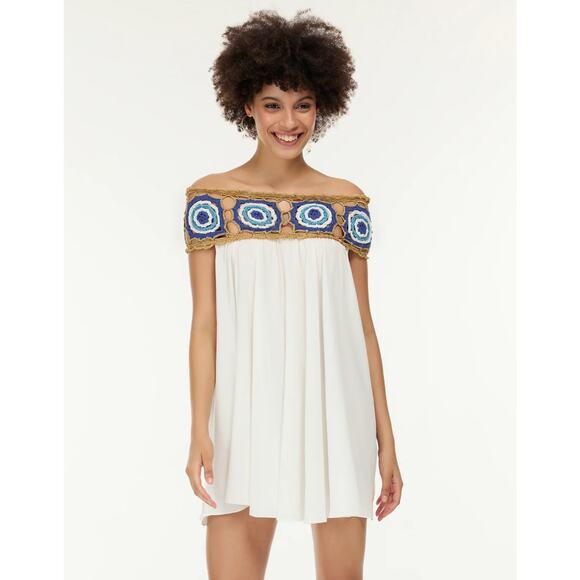 Embroidered Off-Shoulder Mini Dress - White and Gold - Picture 1 of 10